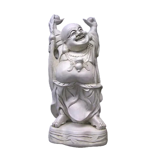 Laughing Buddha statue with ornate, classical detailing and flowing robes, standing on a decorative pedestal in old world European style