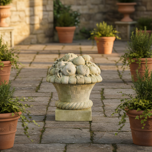 Ornate old world European basket overflowing with classical fruit motifs, featuring intricate woven and Baroque detailing. Side Angle