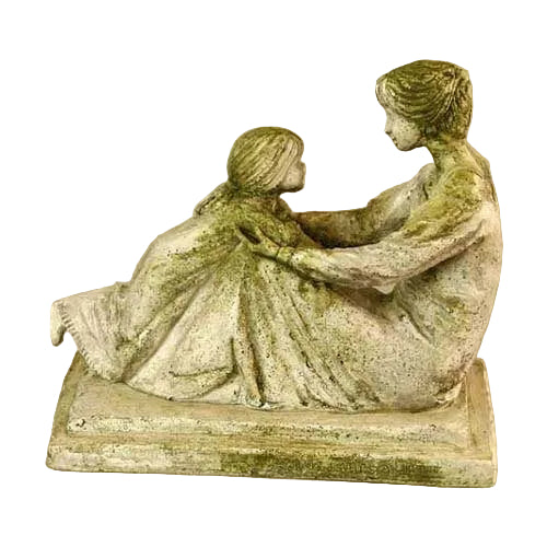 Mother and child sculpture in old world European style with classical, ornate detailing and gentle, Renaissance-inspired forms.
