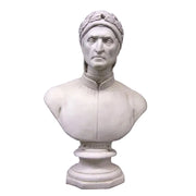 Classical Renaissance bust of a solemn male figure with laurel wreath, detailed facial features, and ornate pedestal base.