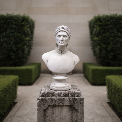 Classical Renaissance bust of a solemn male figure with laurel wreath, detailed facial features, and ornate pedestal base. Side Angle