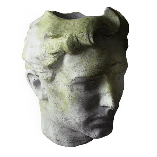 Classical Greco-Roman style head sculpture planter with ornate, weathered details and Renaissance-inspired facial features.
