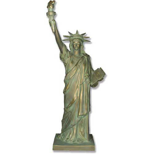 Statue of Liberty replica with classical draped robe, ornate crown, and raised torch in neoclassical architectural style.