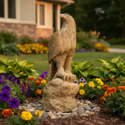 Eagle statue with detailed feathers perched on a rocky base, featuring classical old world European sculptural style. Side Angle