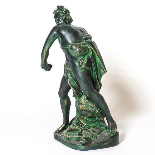 David statue in classical Renaissance style, poised to throw a stone, with ornate detailing and dynamic old world European posture. Different Angle