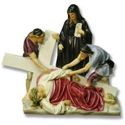 Baroque-style depiction of Christ fallen under the cross, assisted by two figures, with a sorrowful robed woman standing behind.