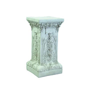 Ornate pedestal with classical Gothic arches, intricate floral carvings, and old world European decorative detailing.