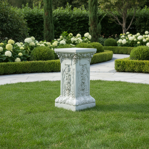 Ornate pedestal with classical Gothic arches, intricate floral carvings, and old world European decorative detailing. Side Angle