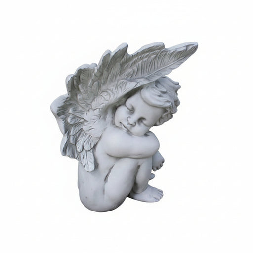 Cherub statue with ornate wings, classical European style, curled in a seated pose with serene expression, inspired by Renaissance art.