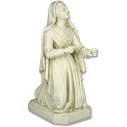 Kneeling woman statue in flowing draped robes, classical Renaissance style with serene, upward-gazing expression and ornate detailing.