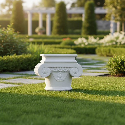 Ionic column capital with classical scrolls and ornate detailing in old world European architectural style. Side Angle