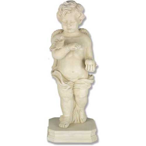 Standing winged cherub with a serene expression, holding a bird in one hand and an object in the other, on a simple rectangular base.