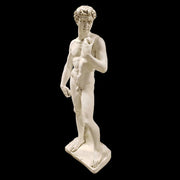 Classical Renaissance male statue with detailed anatomy, curly hair, and contrapposto stance on a rectangular base. Additional Angle