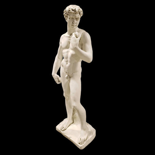 Classical Renaissance male statue with detailed anatomy, curly hair, and contrapposto stance on a rectangular base. Additional Angle