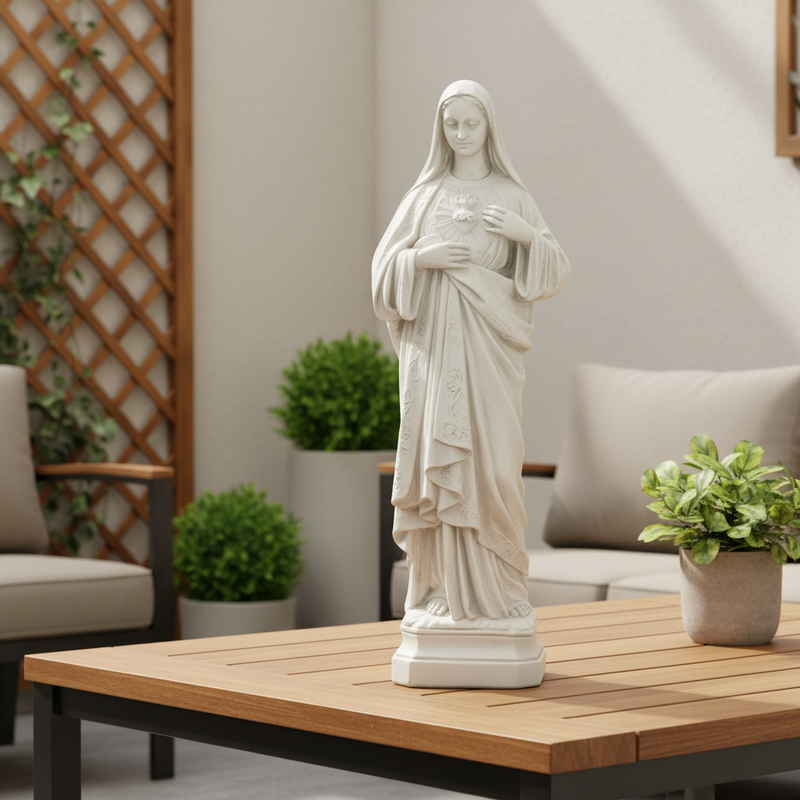 Sacred Heart Madonna statue in classical Renaissance style with flowing robes and serene expression, featuring ornate detailing. Side Angle