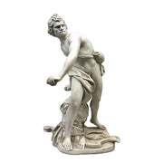 David statue in classical Renaissance style, poised to throw a stone, with ornate detailing and dynamic old world European posture.