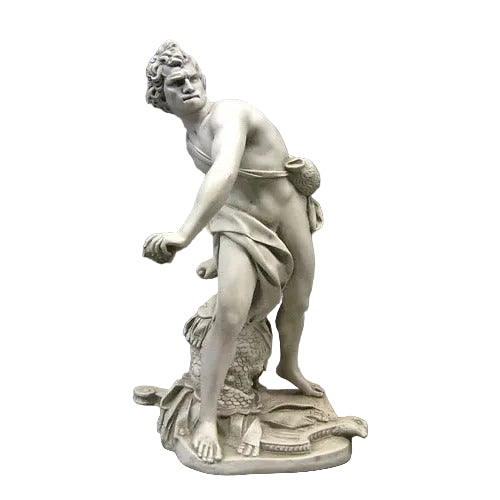 David statue in classical Renaissance style, poised to throw a stone, with ornate detailing and dynamic old world European posture.