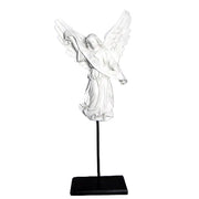 Standing Winged angel holding a scroll on a metal stand.