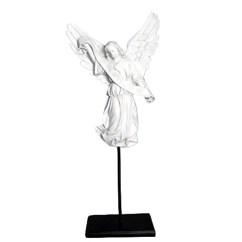 Standing Winged angel holding a scroll on a metal stand.