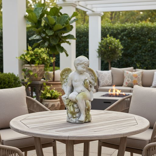Winged Cherub With Bird Outdoor Statue (18 - Inch) Side Angle