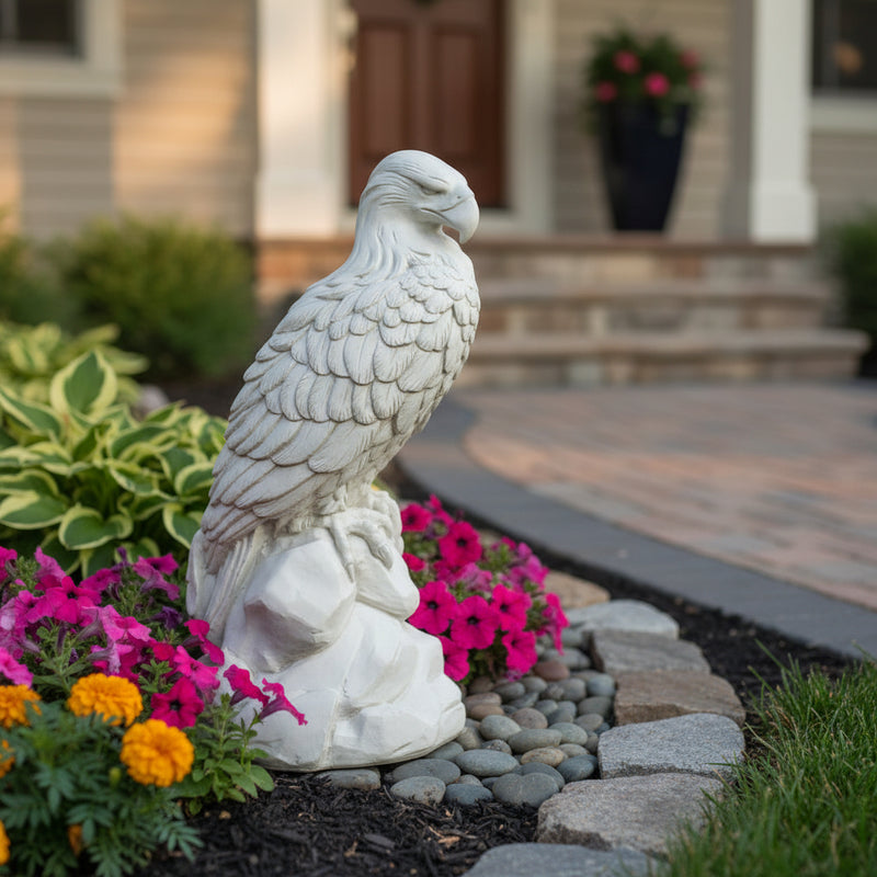 Eagle sculpture perched on rocky base, featuring classical old world European and Renaissance-inspired ornate detailing. Side Angle