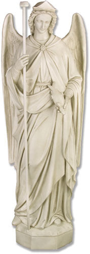 Standing Calm angel statue in pale robes holding a tall staff and a scroll.