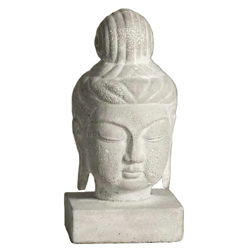 Buddha head sculpture with serene expression, classical features, and ornate hair bun in old world European style.