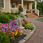Sitting panther statue with classical old world European style and subtle ornate detailing on a square base. Side Angle