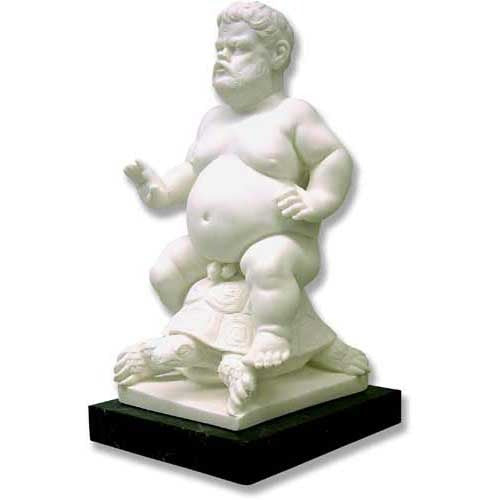 Chubby classical figure seated atop a turtle, sculpted in ornate old world European style on a square pedestal base.