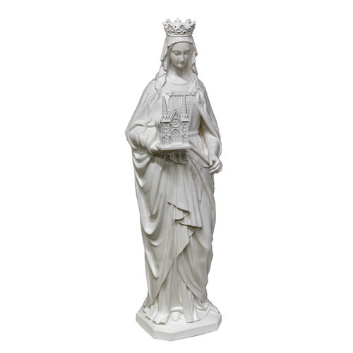 Crowned female figure in classical draped robes holding an ornate Gothic cathedral model, old world European style.