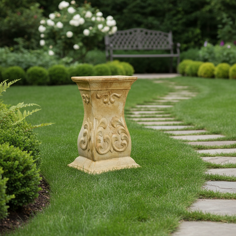 Ornate pedestal with classical old world European scrollwork and Baroque-inspired decorative carvings on a flared square base. Side Angle