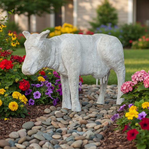 Baroque-style cow sculpture with ornate detailing and classical old world European influence, standing in a lifelike pose. Side Angle