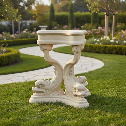 Ornate old world European pedestal table with classical dolphin-shaped legs and intricate carved detailing. Side Angle