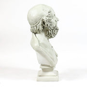 Classical Greek-style bust sculpture with ornate hair detail, shown from the back on a square pedestal base. Side Angle