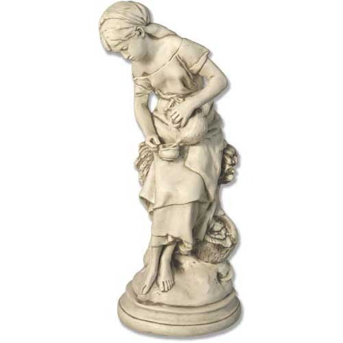 Classical European statue of a young girl seated on a pedestal, wearing draped garments in an ornate, old world Renaissance style.