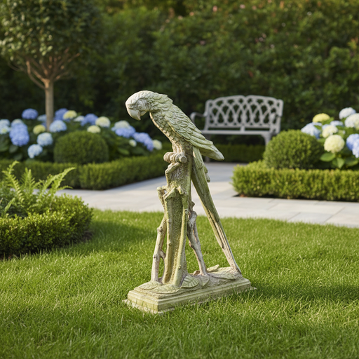 Ornate old world European parrot sculpture perched on a classical pedestal with intricate detailing and elegant, elongated form. Side Angle