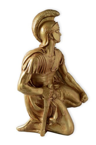 Kneeling Greek warrior statue in classical armor and ornate helmet, inspired by old world European and Renaissance styles.