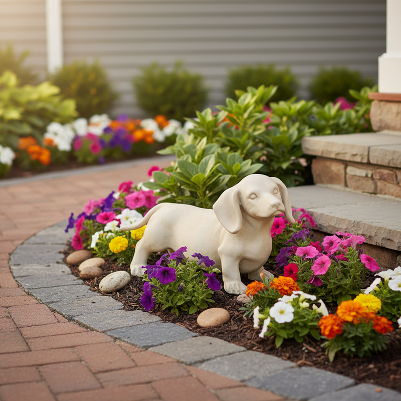 Dachshund statue with classical old world European style, featuring smooth lines and subtle, ornate detailing. Side Angle