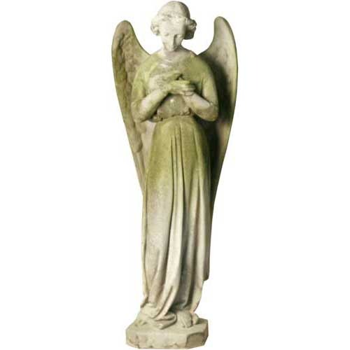 Standing angel with a serene expression and hands in Chest, featuring large wings with leaf/floral patterns on a rectangular base.