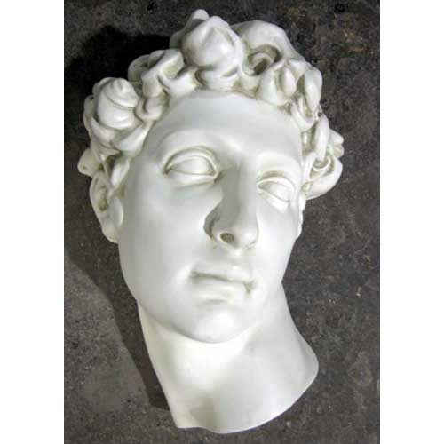 Classical Renaissance-style sculpted head with curly hair and serene expression, inspired by old world European art.