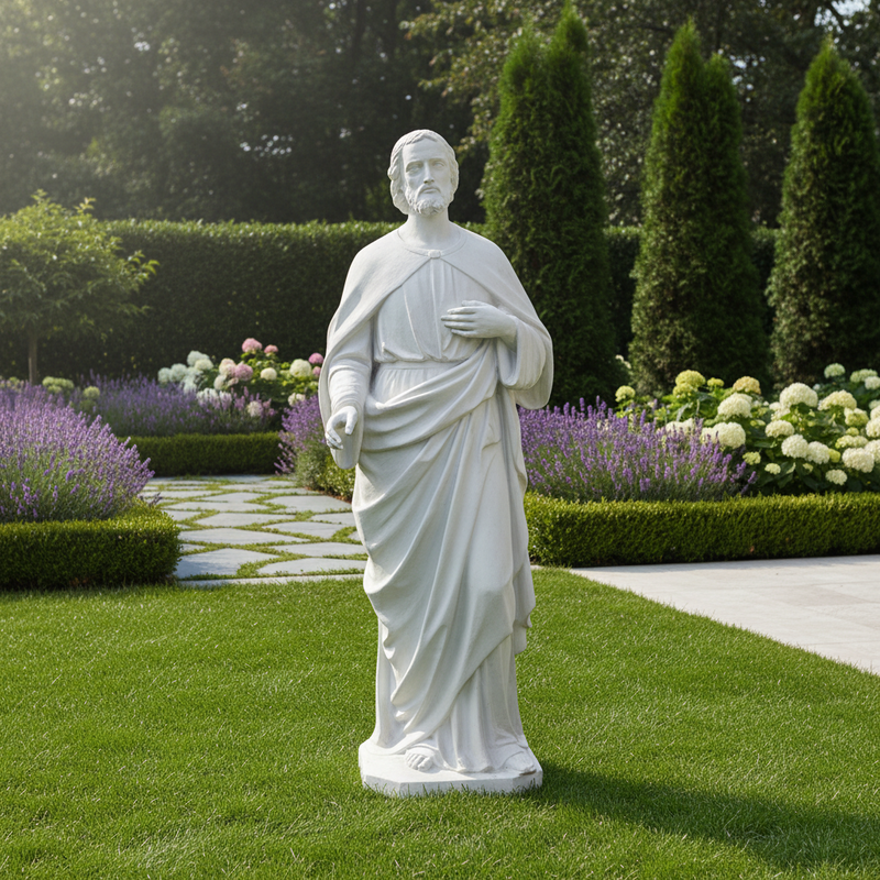 Classical Renaissance-style male saint statue with flowing robes, detailed facial features, and an ornate, old world European design. Side View