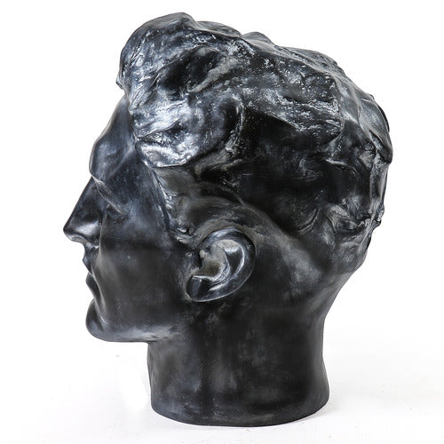 Classical Greco-Roman style male bust with strong features and wavy hair, evoking Renaissance and old world European artistry. Side View