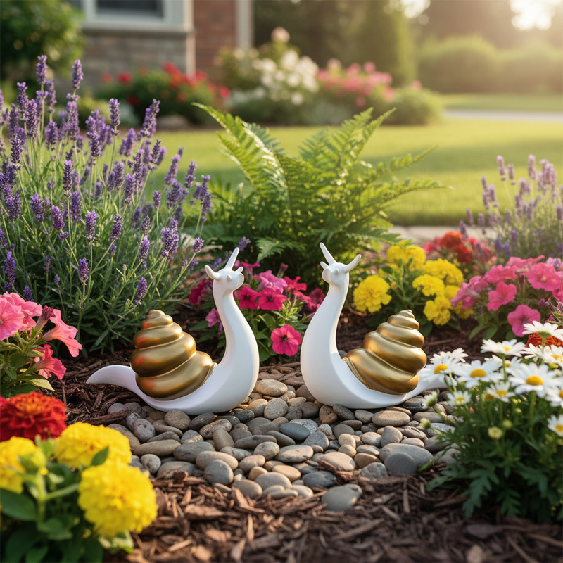 Pair of ornate snails with Baroque-inspired spiral shells and smooth, stylized bodies in a classical old world European design. Side Angle