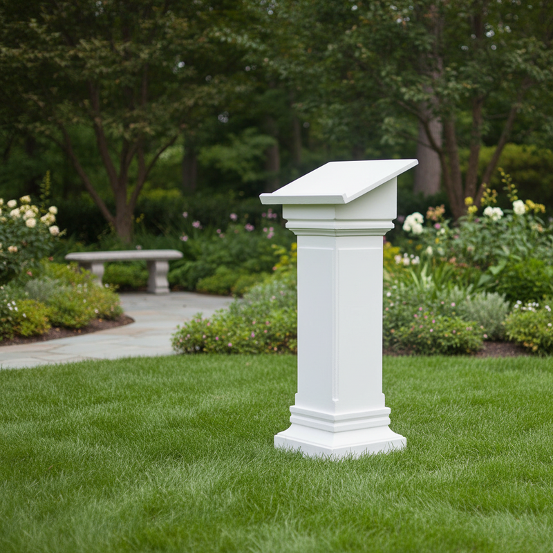 Classical pedestal lectern with clean lines, square base, and slanted top, featuring old world European architectural style. Side Angle