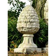 Pinecone finial with classical old world European design, ornate detailing, and a fluted pedestal base on a square plinth. Side View