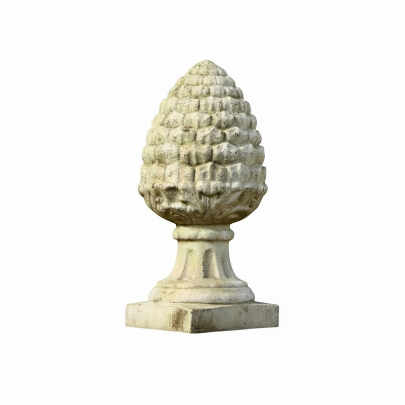 Pinecone finial with classical old world European design, ornate detailing, and a fluted pedestal base on a square plinth.