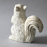 Squirrel figurine with ornate, old world European detailing and classical sculptural style, featuring textured fur and upright posture. Side View