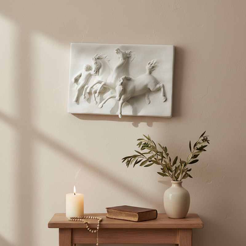 Classical bas-relief featuring a youth and two galloping horses in dynamic, ornate old world European style. Side View