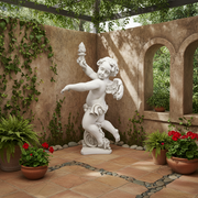 Baroque cherub statue with ornate wings, holding a torch, featuring classical old world European detailing and expressive pose. Side Angle