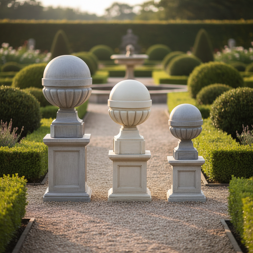 Ornate old world European finials with classical rounded tops and fluted bases on square pedestals in three graduated sizes. Side Angle